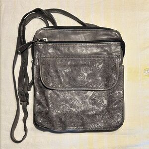 Pecari Grey Embossed Genuine Leather Crossbody Bag 8.5x9” read below